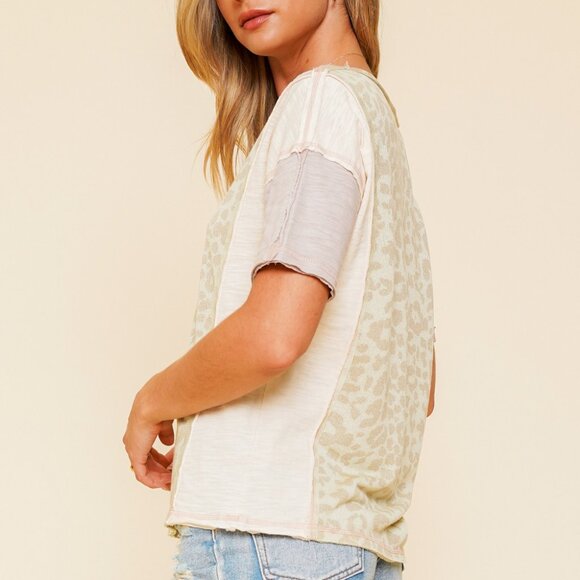 HEM & THREAD Neutral Leopard Patchwork Tee • Soft Knit Mixed Media Top - Picture 3 of 8